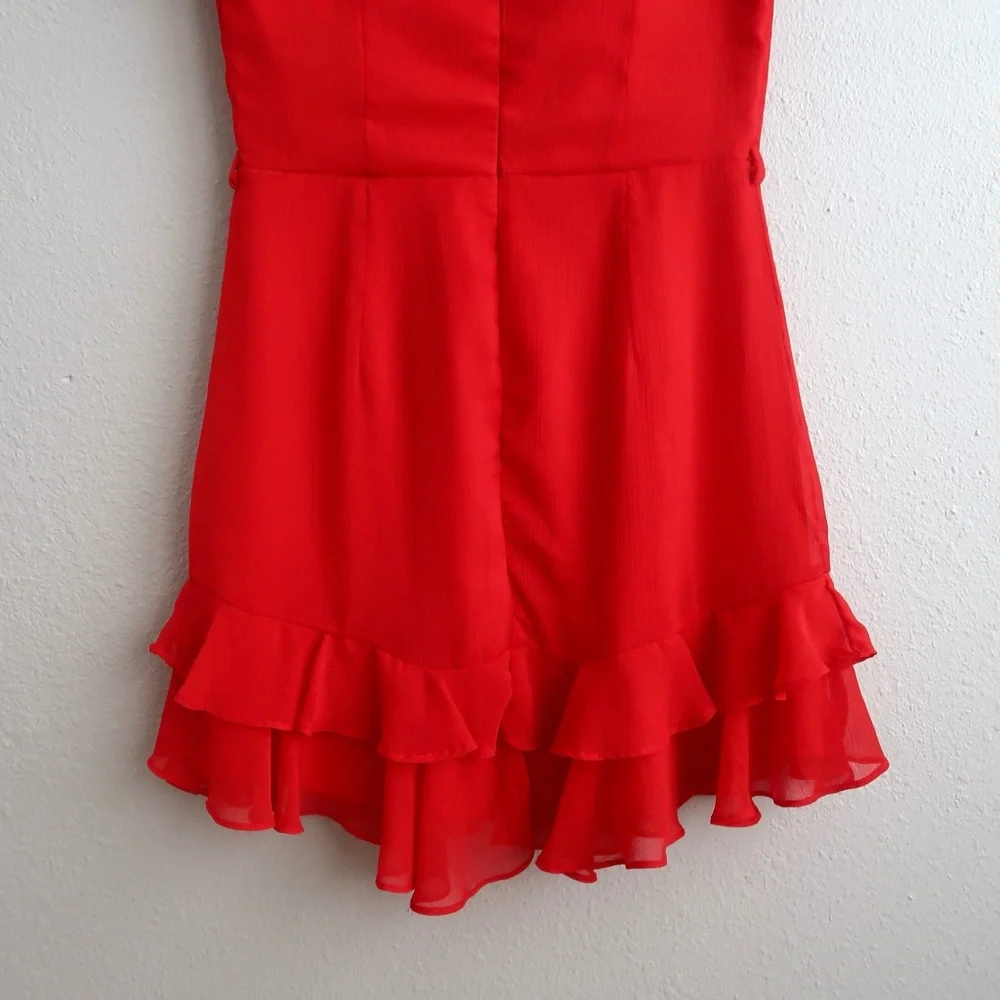Saints + Secrets Red Ruffle Mini Dress High Neck Flutter Sleeve - Picture 9 of 16